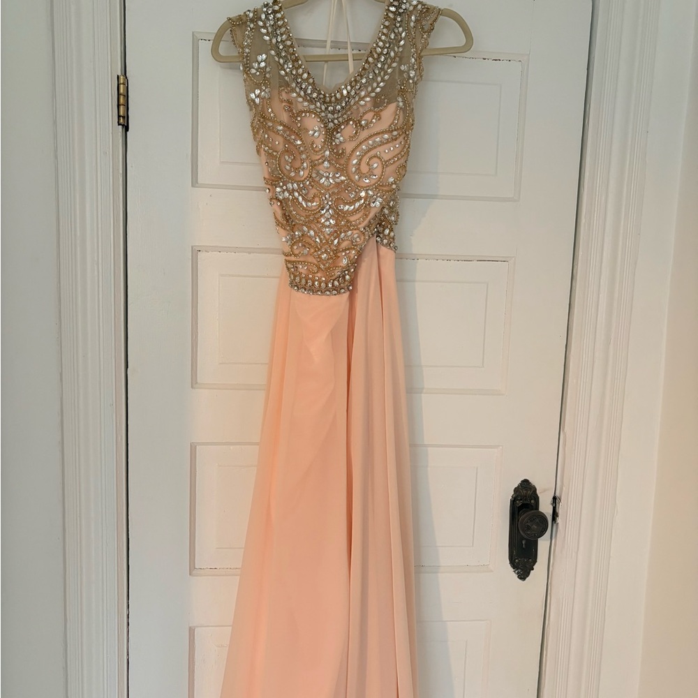 Elegant Peach and Gold Embellished Evening Gown - Empire Waist